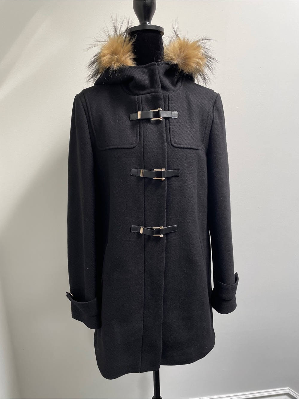 Cole Haan Signature Wool Blend Faux Fur Hood Toggle Coat Size 8
